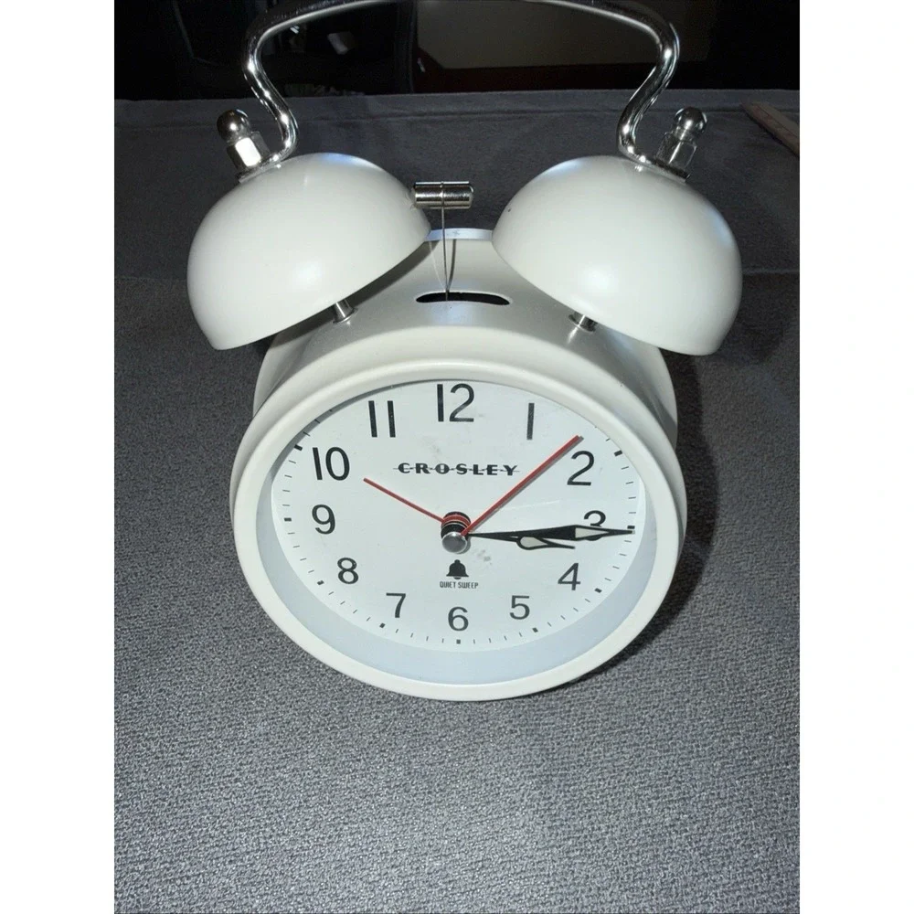Crosley Vintage Style Twin Bell Alarm Clock White Quartz Quiet Sweep Metal Retro